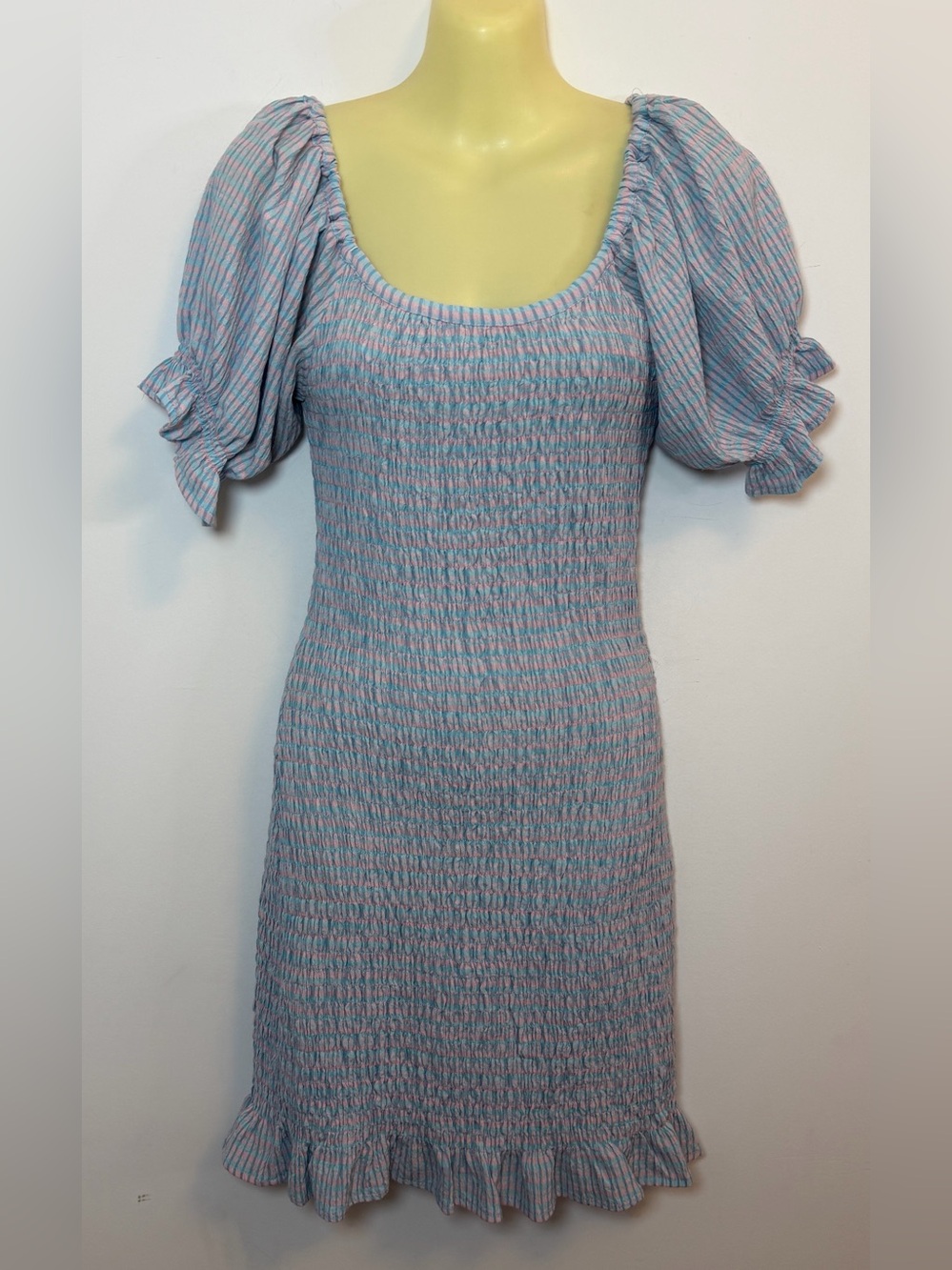 Ee:some Smocked Puff-Sleeve Blue and Pink Striped Mini Dress